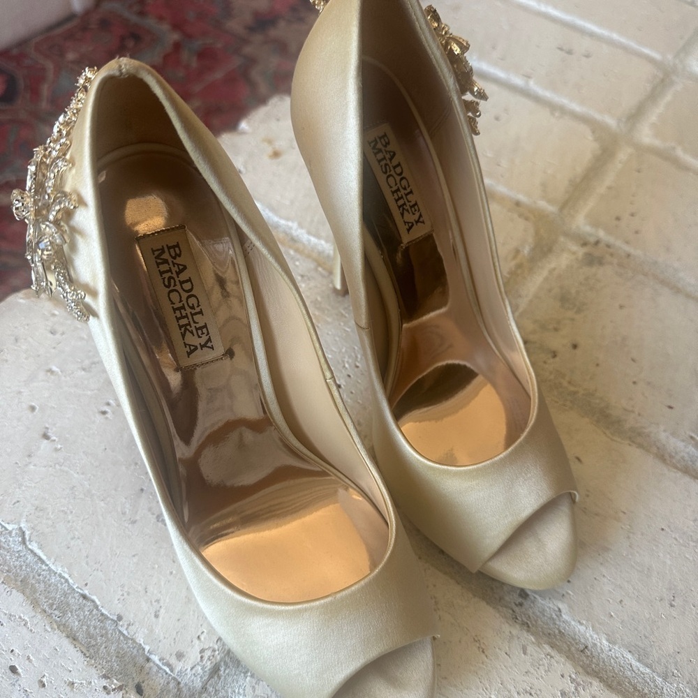 Badgley Mischka Cream Wedding Stilettos with Crystal Embellishments - Picture 2 of 8